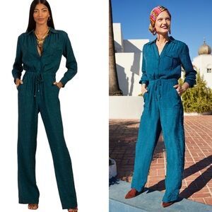 NWT Trina Turk Banita Teal Green Floral Jacquard Wide Leg Jumpsuit in Ocean - 14